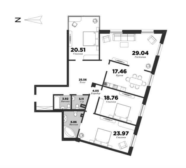 NEVA HAUS, Корпус 1, 4 спальни, 153.19 м² | планировка элитных квартир Санкт-Петербурга | М16